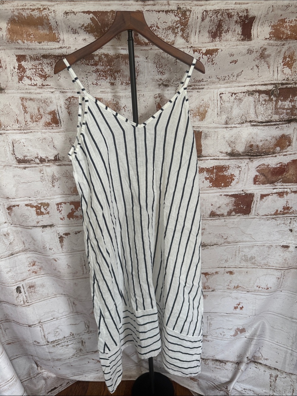 White and Black Striped V-Neck Midi Dress